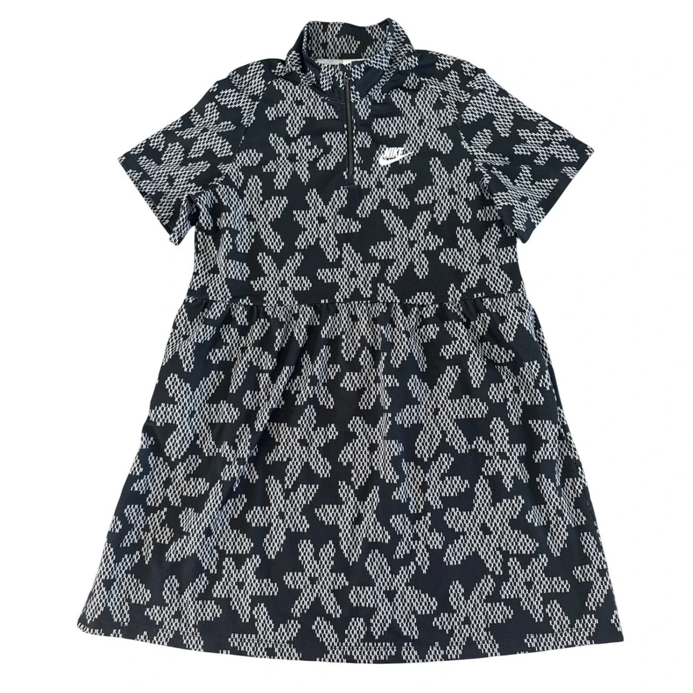 Nike Sportswear Girls' XL Black & White Floral Short Sleeve Dress DM8212 Zip‎